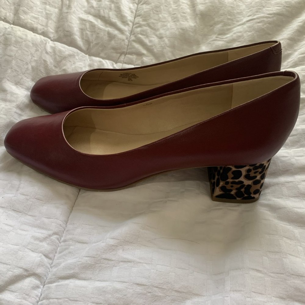 Dark Red Leather Leopard Pump Shoes - Picture 3 of 7